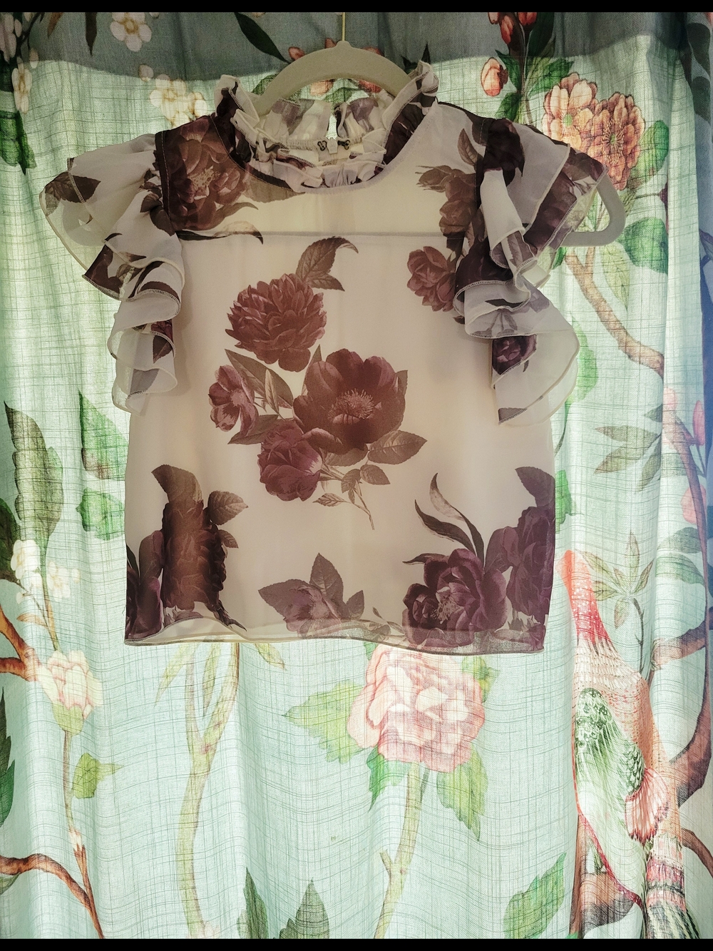 Joyfolie Cream Blouse with Floral Ruffles